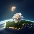 A moon shining brightly in the sky with a single white 3d rose growing.