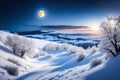 the moon shining gracefully from the top of a snowy hill.