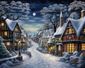 Moon shinning over beautiful village covered with snow at night . Royalty Free Stock Photo