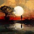 a person standing in the water, in the style of surrealistic fantasy landscapes, dark orange and light black Royalty Free Stock Photo