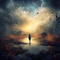 person standing in the water, in the style of surrealistic fantasy landscapes Royalty Free Stock Photo