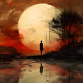 a person standing in the water, in the style of surrealistic fantasy landscapes, dark orange and light black Royalty Free Stock Photo