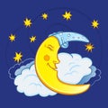 Moon sleeping on a cloud with stars in the night sky. Cute cartoon moon.