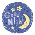 Moon slipping among fluffy clouds and short phrase good night. Vector hand drawn illustration on blue background