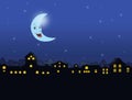 Moon smiling at night sky on the city illustration