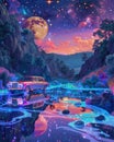 A moon and space stars in the starry night near a neon car and lakes and waters