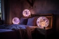 Moon sphere lamps in bedroom. Generate ai Royalty Free Stock Photo