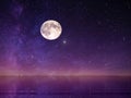 Moon and star   ,Galaxy  night starry sky at sea water lilac pink sunset sky stars summer sea dark blue water reflection moonlight Royalty Free Stock Photo