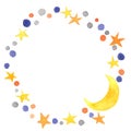 Moon and star in Halloween night wreath watercolor. Royalty Free Stock Photo