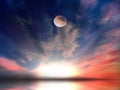 Moon  sky summer pink sunset at  night starry sky  fluffy clouds  sea dark blue  moonlight   universe cosmic background nature Royalty Free Stock Photo