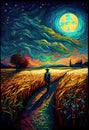 Moon, starry night, traveller, wheat field, landscape, wallpaper, background, generative ai Royalty Free Stock Photo