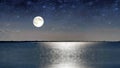 Seascape at starry night sky and full moon  dramatic cloudy  sky  at sea on  blue water moonlight reflection  seascape blue foggy Royalty Free Stock Photo