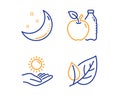 Moon stars, Apple and Sun protection icons set. Leaf sign. Night, Diet food, Ultraviolet care. Ecology. Vector