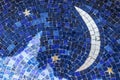 Moon and stars on blue sky, mosaic tiles