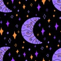 Moon stars celestial vector repeat pattern design on black background Royalty Free Stock Photo