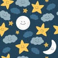 Moon, stars and clouds on the night sky. Nursery seamless pattern. Royalty Free Stock Photo