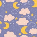Moon, stars and clouds seamless vector pattern with cute night sky characters. Sweet dreams repeating background. Good Royalty Free Stock Photo