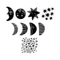 Moons and stars hand drawn collection. Nursery illustration