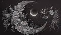 Moon stars flowers ink illustration