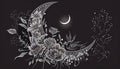 Moon stars flowers ink illustration