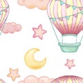 Moon, stars and hot air balloon, pattern in boho cartoon style, seamless pattern Royalty Free Stock Photo