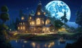 The moon and stars illuminate the enchanting world beneath the house Creating using generative AI tools