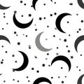 Moon and stars night seamless pattern on white background