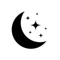 Moon with stars in night sky. Black moon and star light isolated on white background. Simple celestial shapes. Silhouette graphic