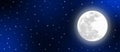 Vector Bright Full Moon and Twinkle Stars in Dark Blue Night Sky Banner