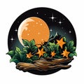 the moon and stars in the night sky with trees and plants Royalty Free Stock Photo