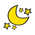 Moon and stars vector icon in doodle style. Cute hand drawn symbol of crescent isolated on white Royalty Free Stock Photo