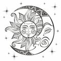 The moon and the sun. Ancient astrological symbol. Engraving. Boho Style. Ethnic. The symbol of the zodiac. Mystical. Coloring. Royalty Free Stock Photo