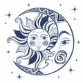 The moon and the sun. Ancient astrological symbol. Engraving. Boho Style. Ethnic. The symbol of the zodiac. Mystical. Vector