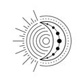 Moon sun vector logo. Line mystic symbol in minimal flat linear style. Magic boho astrology, astronomy illustration