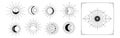 Moon and sun vector logo. Line mystic symbols in minimal flat linear style. Magic boho astrology, astronomy