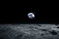 Moon surface and Earth on the horizon. Space art fantasy. Black Royalty Free Stock Photo