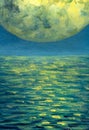 Moon vertical oil painting of night seascape