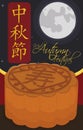 Moon View with Delicious Mooncake for Mid-Autumn Festival, Vector Illustration