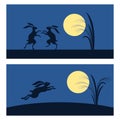 Moon viewing event illustration. Mid-autumn festival banner . Full moon and rabbits, stylized silver grass