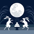 Moon viewing event illustration. Mid-autumn festival banner . Full moon and rabbits, stylized silver grass