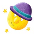 Moon wearing purple hat