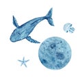 Moon and whale hand-drawn blue watercolor monochromatic composition isolated on white Royalty Free Stock Photo
