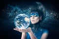 Moon woman holding planet earth Royalty Free Stock Photo