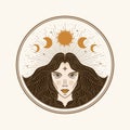 Moon woman, illustration with esoteric, boho, spiritual, geometric, astrology, magic themes