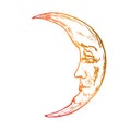 The moon with young face of beautiful man looks with wistfully, old fashioned woodcut style design, hand drawn doodle