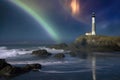 moonbow over a coastal scene with lighthouse and crashing waves