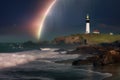 moonbow over a coastal scene with lighthouse and crashing waves