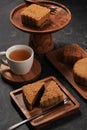 Mooncake on Light Background with Tea. Concept Moon Cake on Mid Autumn Festival or Chinese New year Imlek