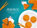 Mooncake and chopsicks, cute bunny playing. Chinese mid autumn festival food from top view. Chinese translate: Happy Mid Autumn