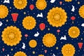 Mooncake festival seamless pattern. Mid Autumn Festival background. Mooncakes, rabbits, Chinese lanterns print